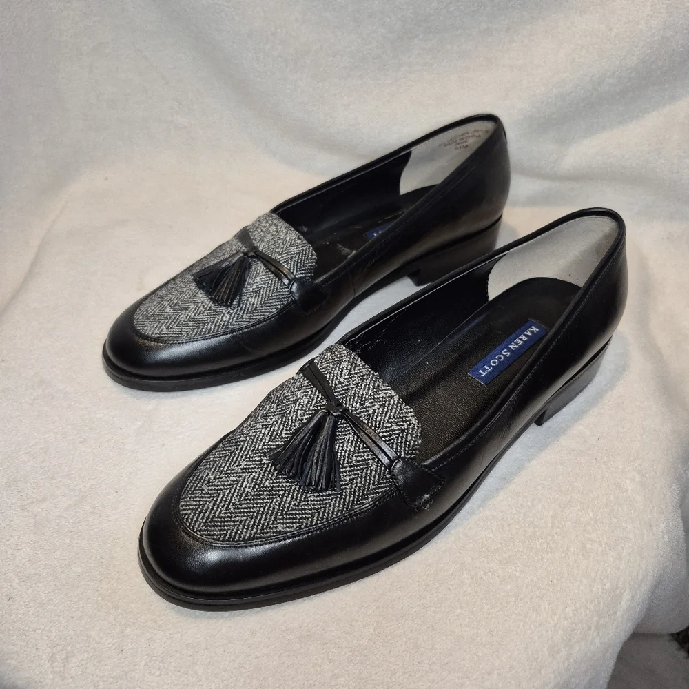 Karen Scott 8.5 Mari Leather Loafer Black & White Tweed Tassel Retro, Texture
